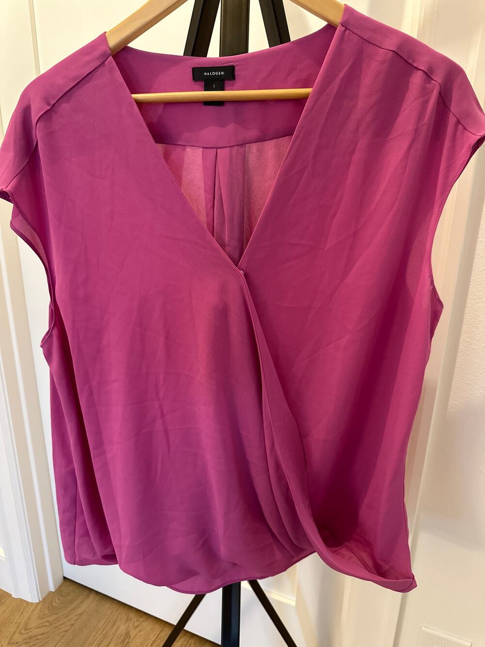 Halogen Nordstrom Fuchsia Wrap Cross Front Blouse Size Large Dressy Office
